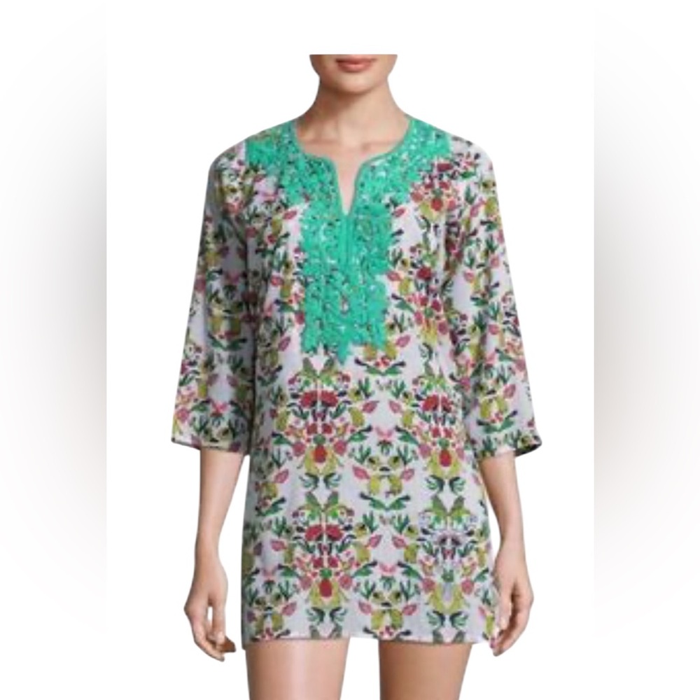 Roller Rabbit Tunic Top Fruit Floral Print Multicolor Embroidered Size XS